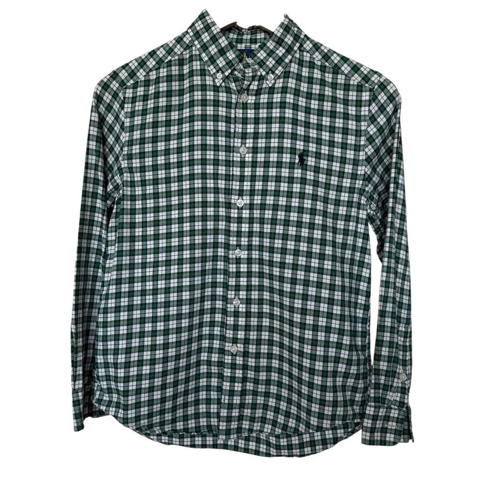 Ralph Lauren Boys Green Checkered Long Sleeve Button-Up Shirt M Casual Flannel